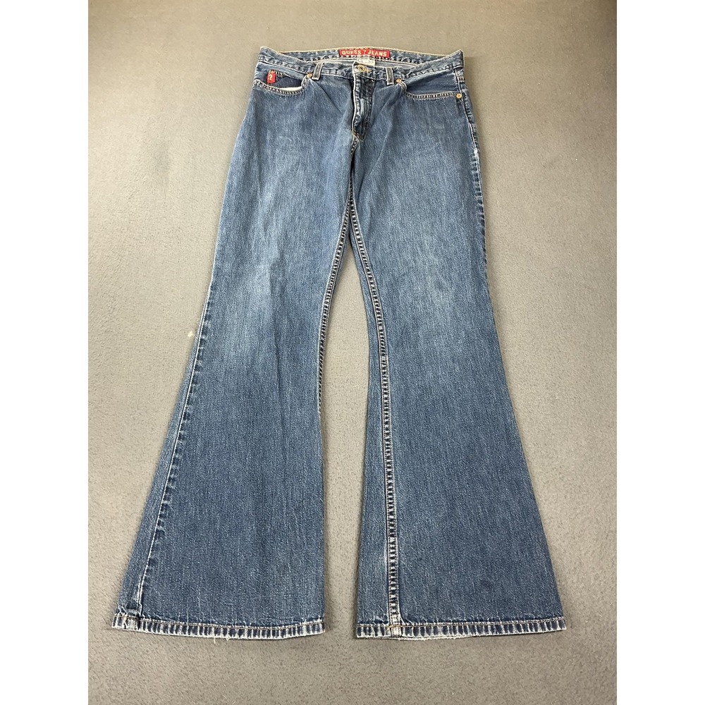 GUESS Jeans Womens 29x34 Blue Mid Rise Flared Relaxed Distressed Denim